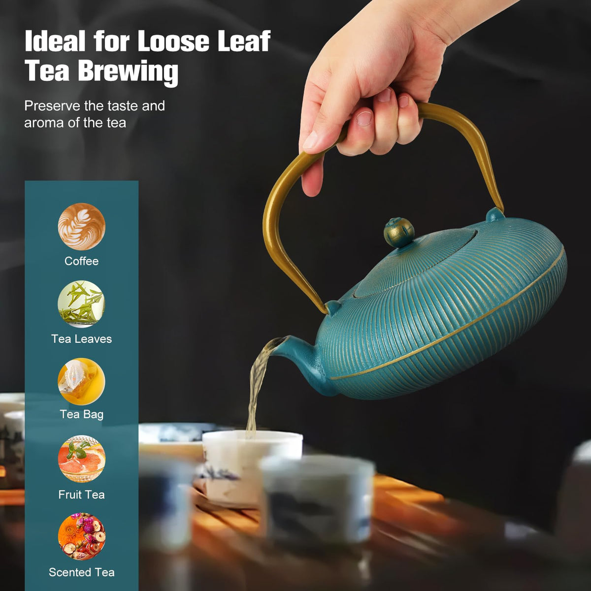 Jotsport Green Cast Iron Teapot 40oz/1200ml with Infuser for Loose Leaf
