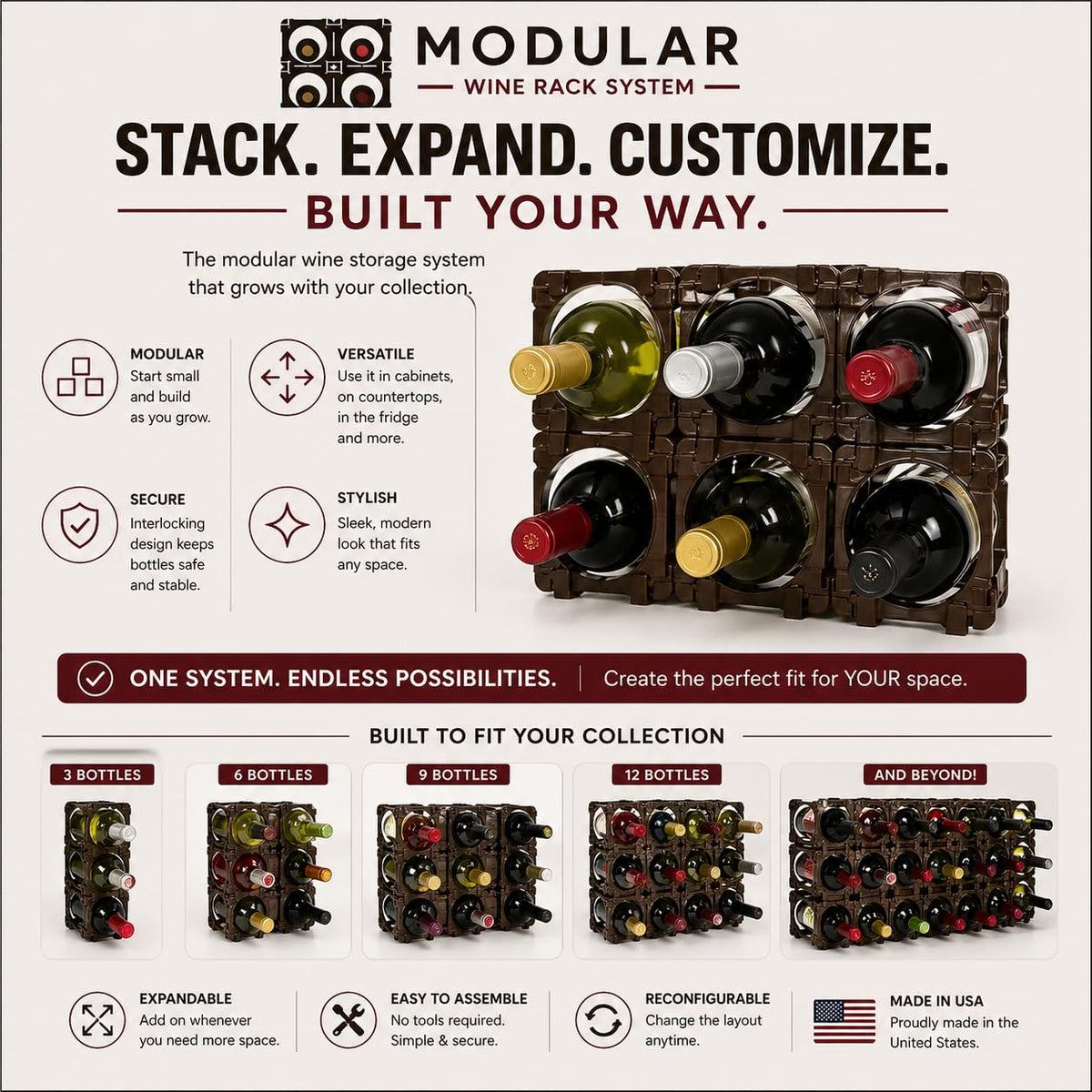 smart spring Modular Wine Rack System – Stackable & Expandable Wine Storage Rack, Customizable Bottle Organizer for Countertop, Cabinet or Fridge – Made in USA (6, Espresso Reserve)
