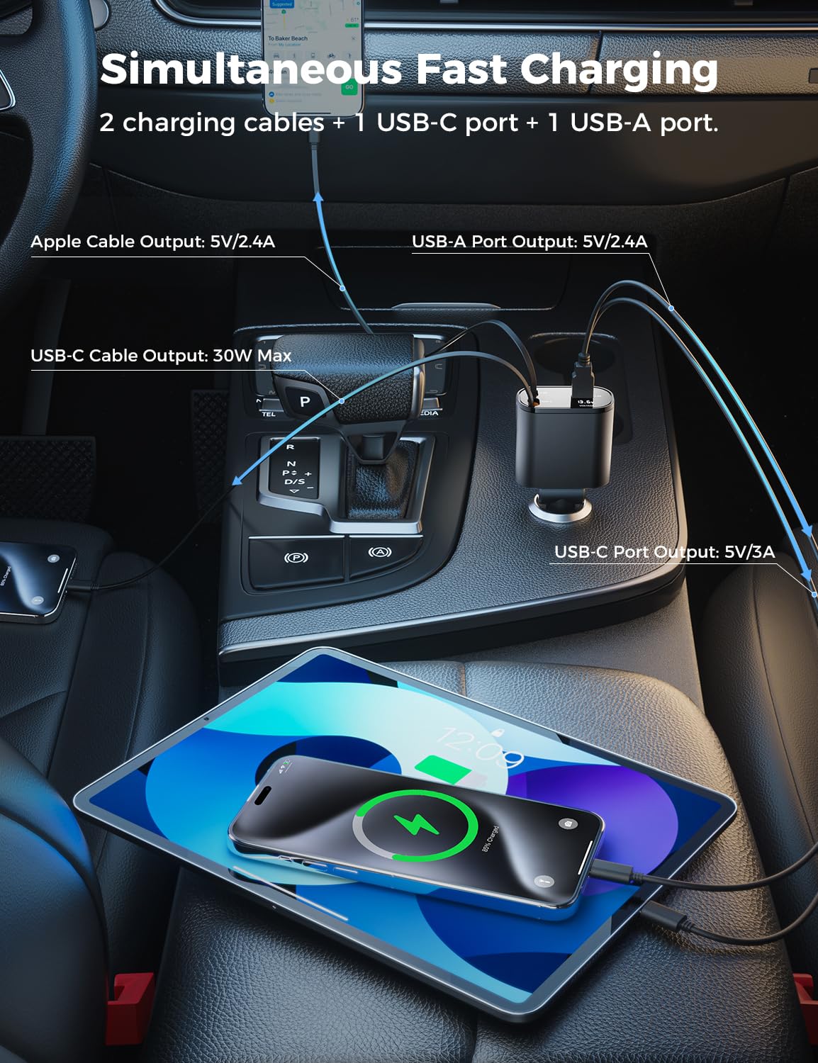 [Upgraded] SUPERONE Retractable Car Charger 4 in 1 Fast Phone Charger