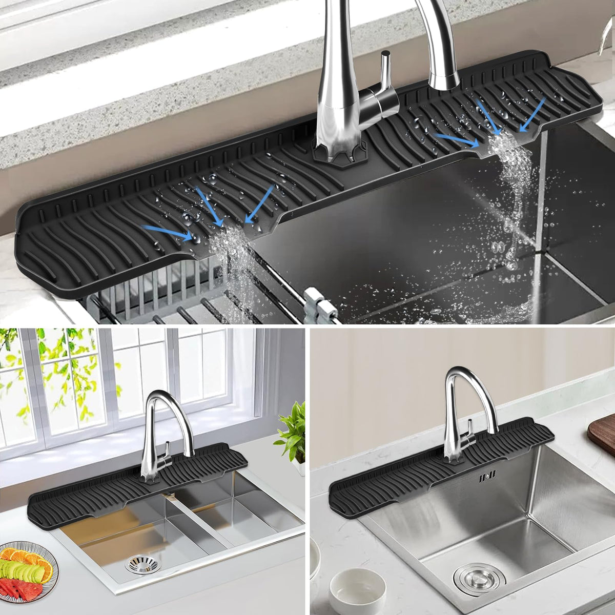 Kitchen Sink Splash Guard Gen2-30" x 6'' Silicone Sink Mat Splash Guard fit for Countertop, Bathroom,Farmhouse,RV by EBIGIC (Black)