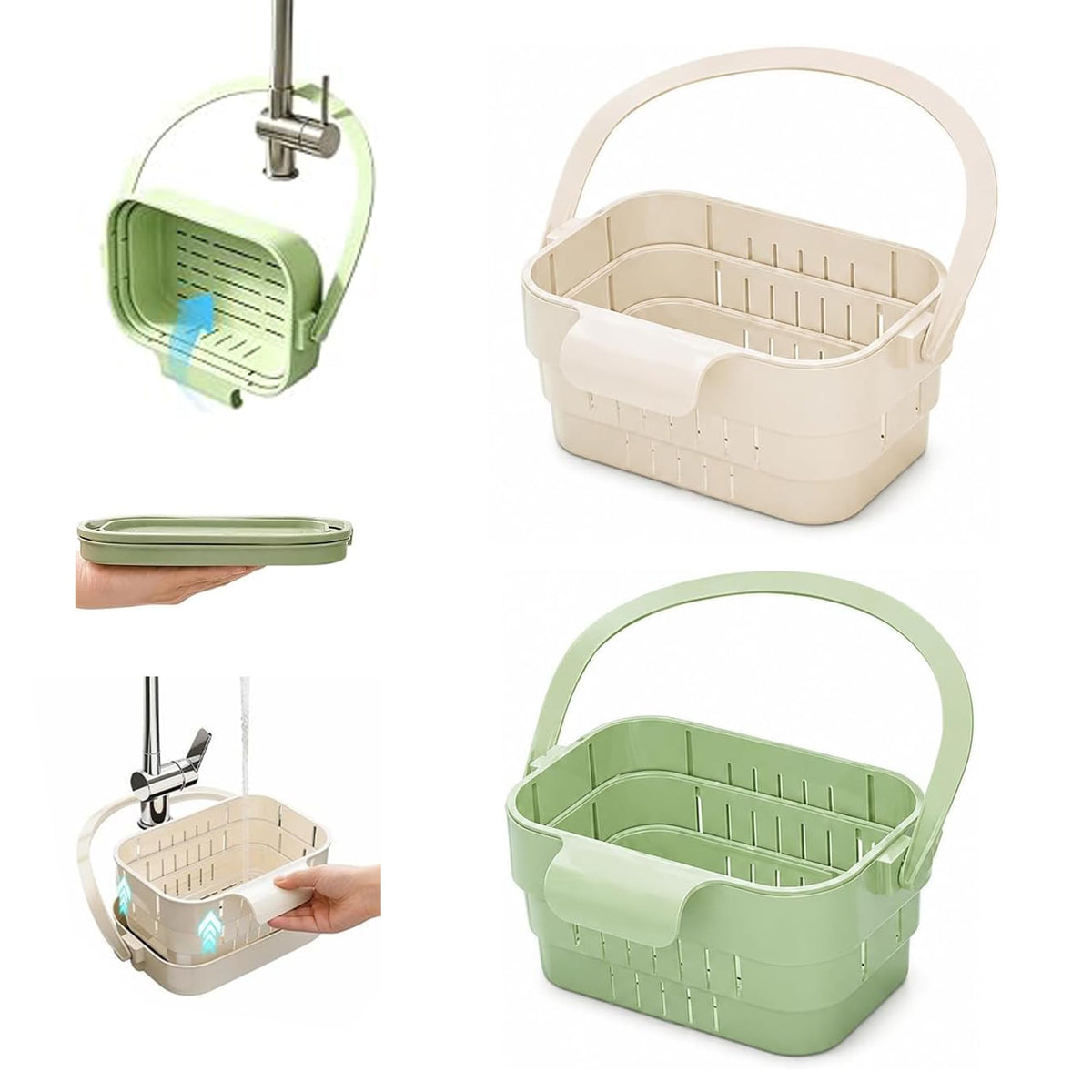 2 Pack Foldable Hanging Sink Strainer Basket, Over Sink Collapsible Colander with Faucet Hook, Kitchen Drain Basket for Washing Fruits Vegetables, Food Scraps Strainer & Sink Organizer