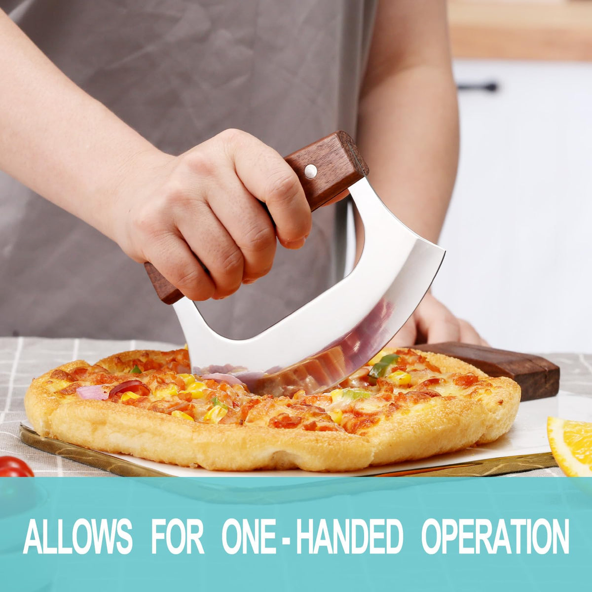 Coowolf Ulu Knife with Stand for Cutter Pizza Meat Vegetables Herb Salad