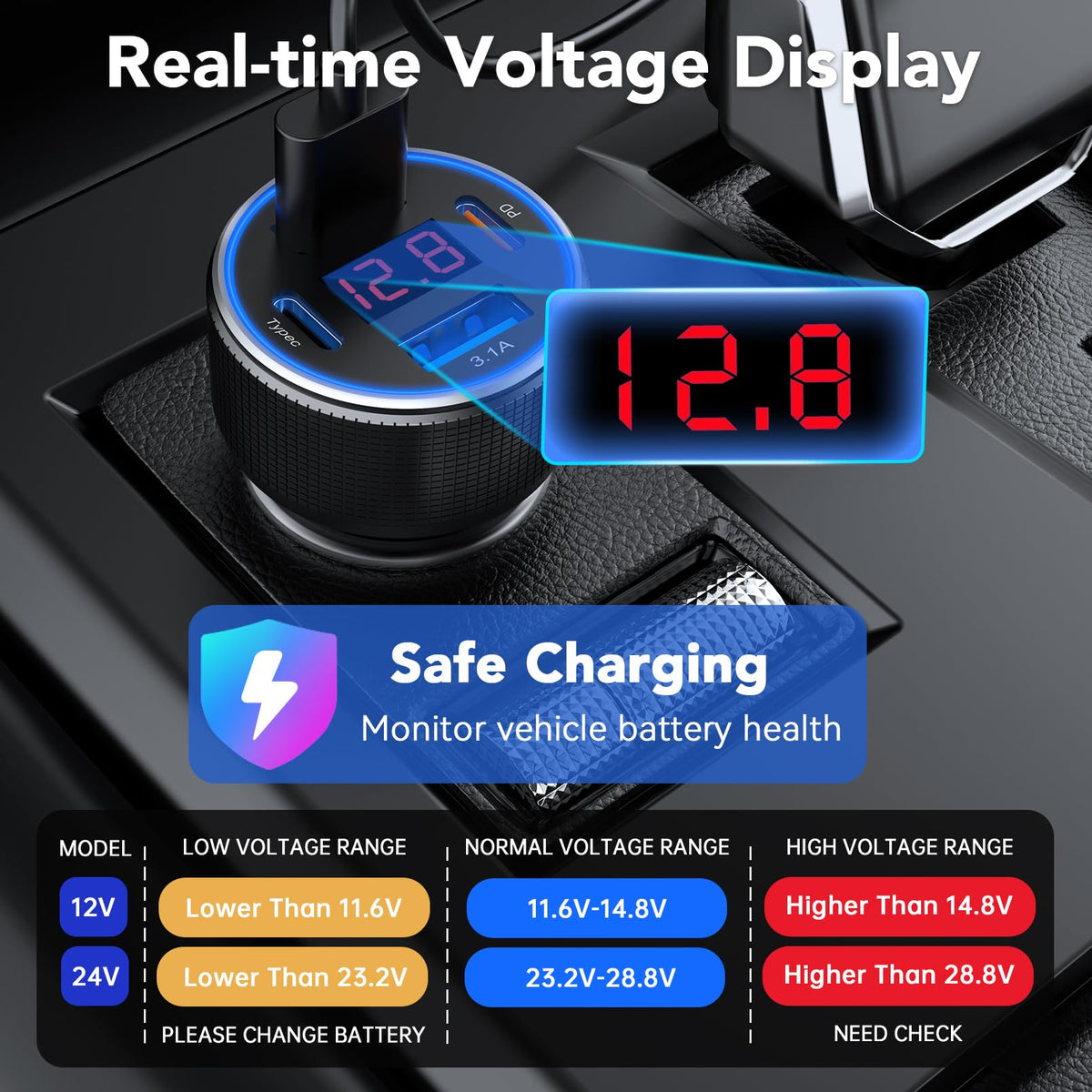 AGEK Car Charger USB C Fast Charge 78W 4-Port Cigarette Lighter USB Charger