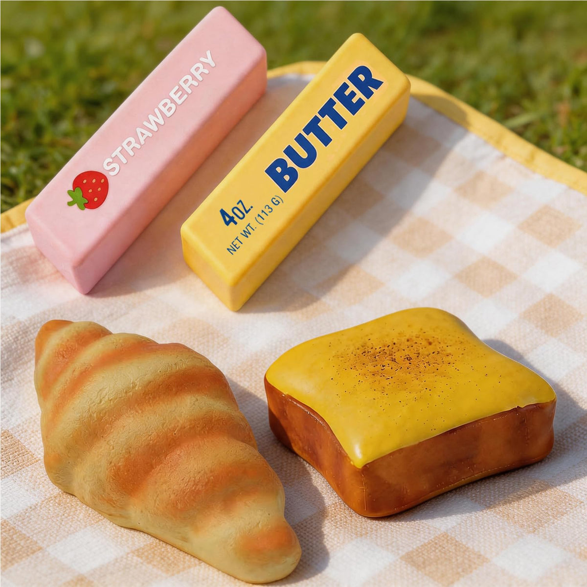 4Pcs Squishy Toys Set, Slow Rising Butter Squishy, Toast Bread and Croissant Squishies, Soft PU Foam Squeeze Toys for Stress Relief, Fidget Toys, Party Favors, Desk Toys, Gifts for Adults