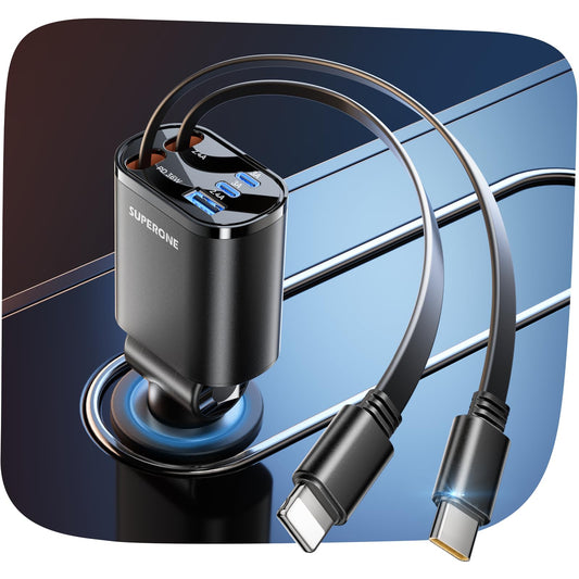 SUPERONE 90W Retractable Car Charger with Dual Cables Car Phone Charger