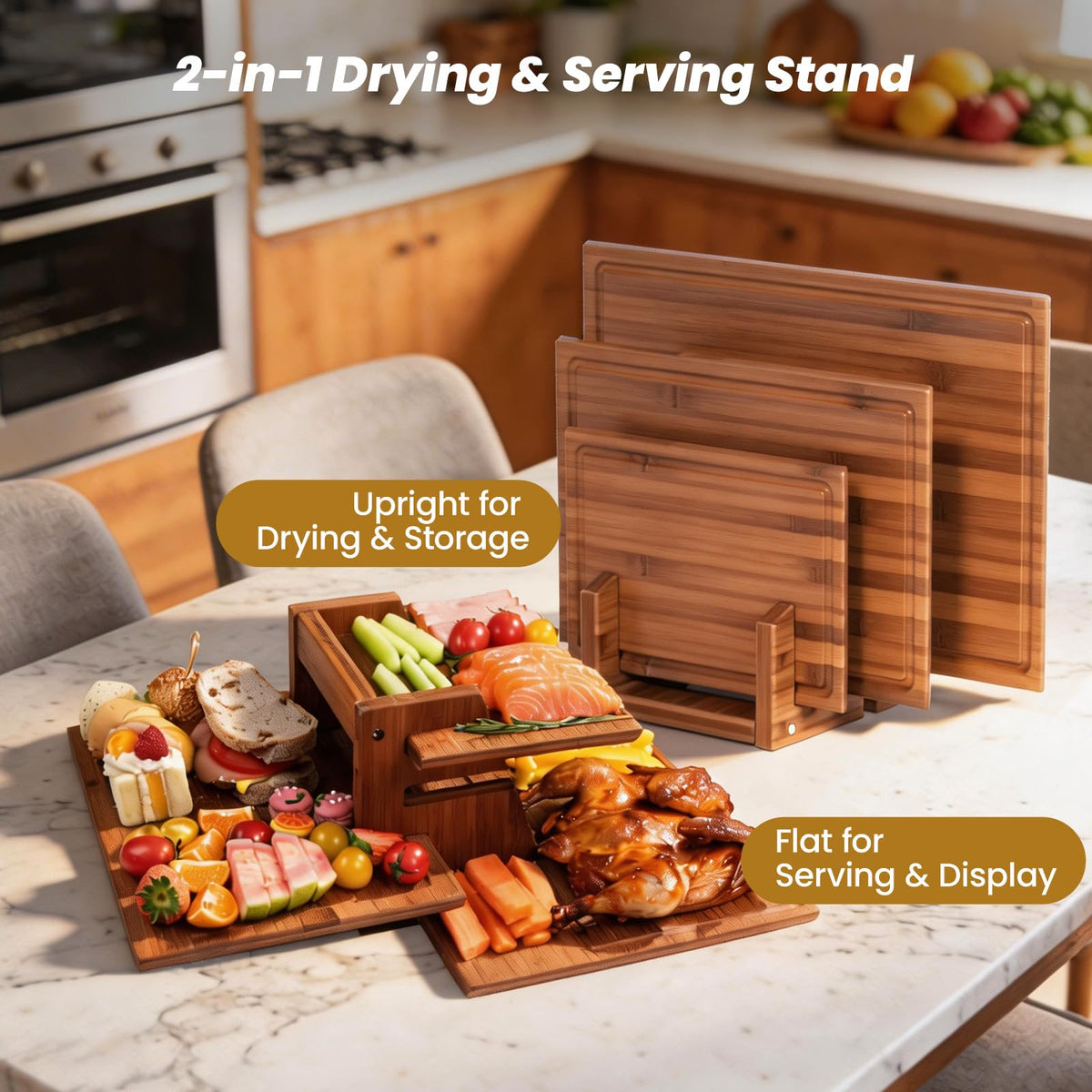 Maxboro Bamboo Cutting Board for Kitchen, Double-Sided with Stand, Brown