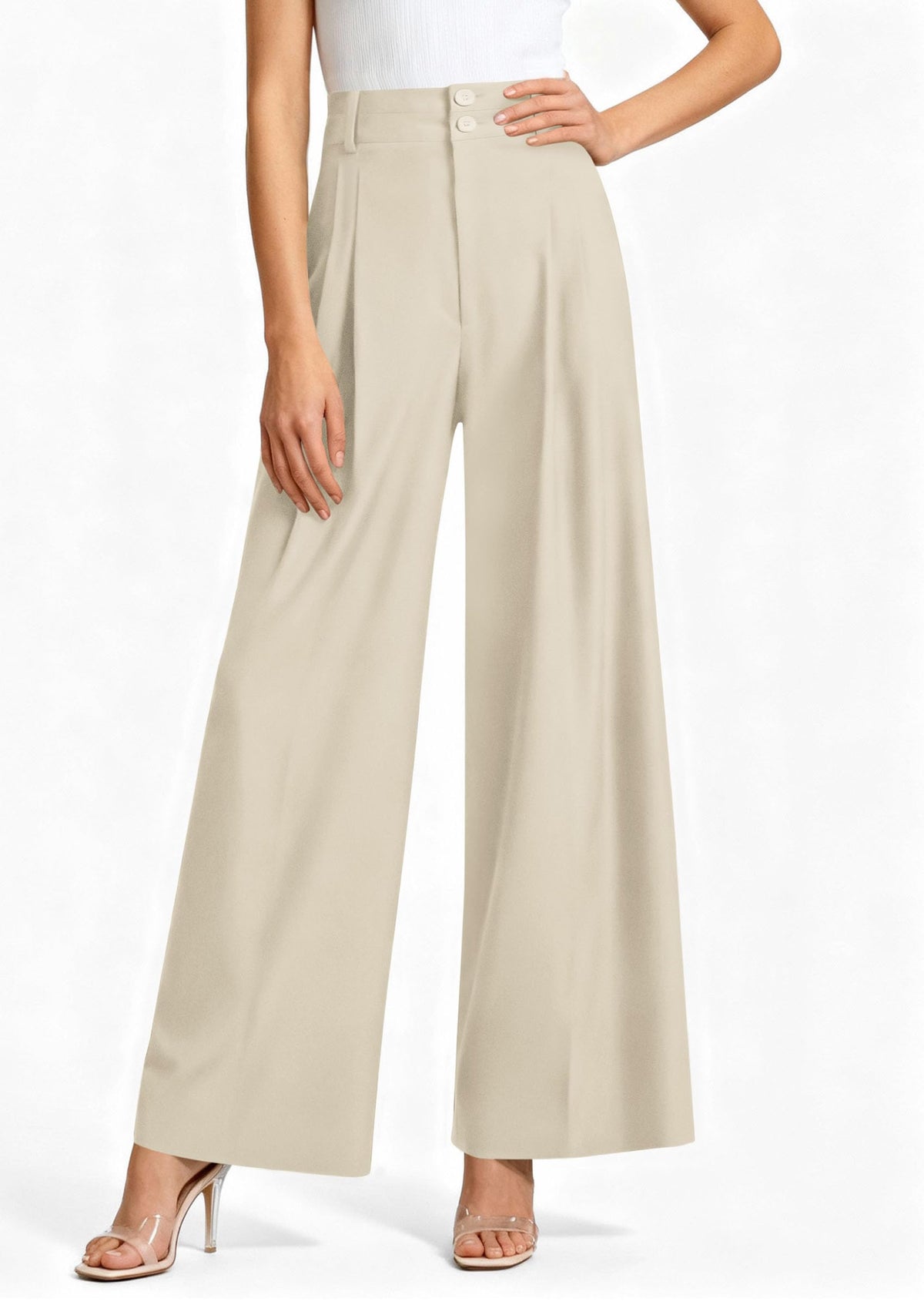 PRETTYGARDEN Women's High Waisted Wide Leg Dress Pants,Beige,L
