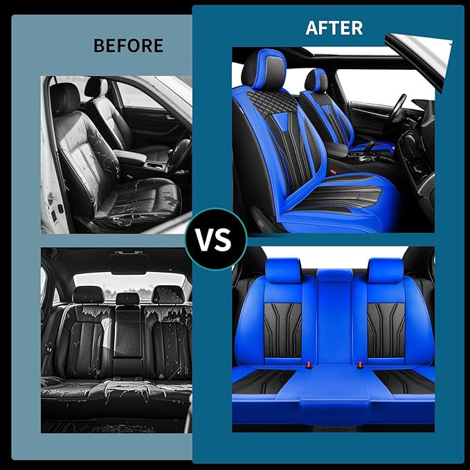 Fit Frontier Car Seat Covers Premium Leather for Nissan Frontier 2009-2025 2026. Waterproof， Breathable, Scratch-Resistant & All-Weather Seat Cushion Protector（Full Set,Blue&Black