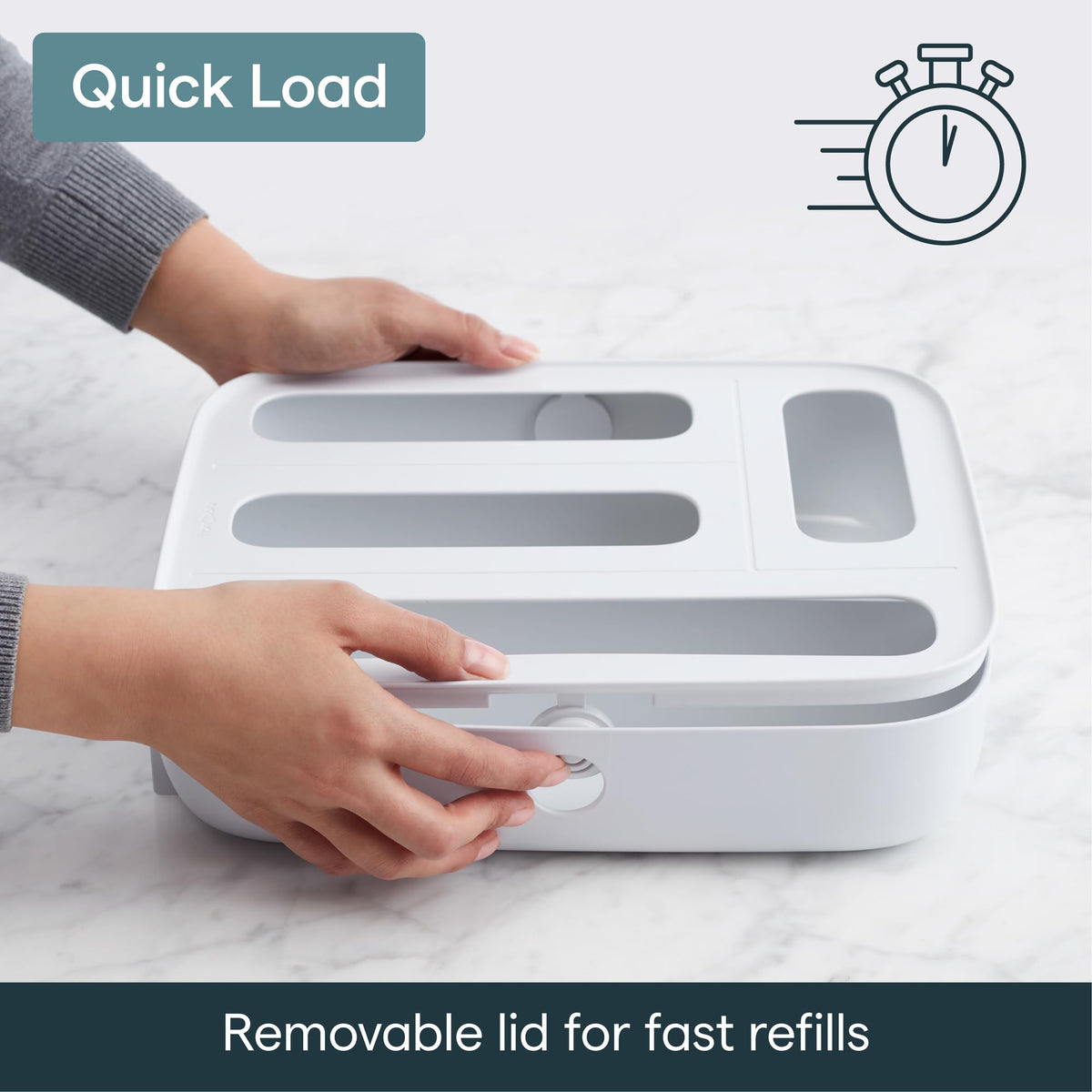 YouCopia StoraBag Drawer Food Bags Dispenser, 4-Slot, Plastic Sandwich Bag Organizer for Kitchen Storage, White
