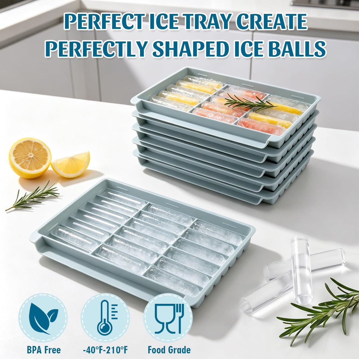 KIBTOPS 6 Pack Ice Cube Trays with Lid & Bin, 3.3-Inch Long Water Bottle Ice Stick Tray, Easy Release, Reusable, BPA Free Ice Cube Mold for Whiskey, Wine, Coffee, DIY Fun (126 sticks)