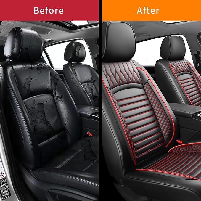Fit Legacy Car Seat Covers for Ford Legacy 2008-2024 2025 2026 - Upgraded Premium Waterproof & Breathable Leather, Airbag Compatible, All-Weather Seat Cushion Protector (2 Front/Black+Red)