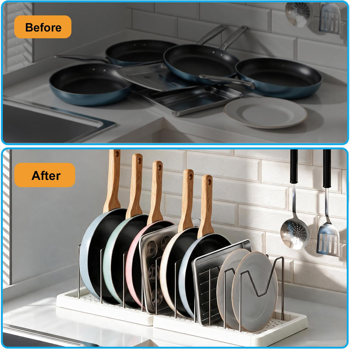 Expandable Pots and Pans Organizer Rack with 12 Stainless Steel Dividers