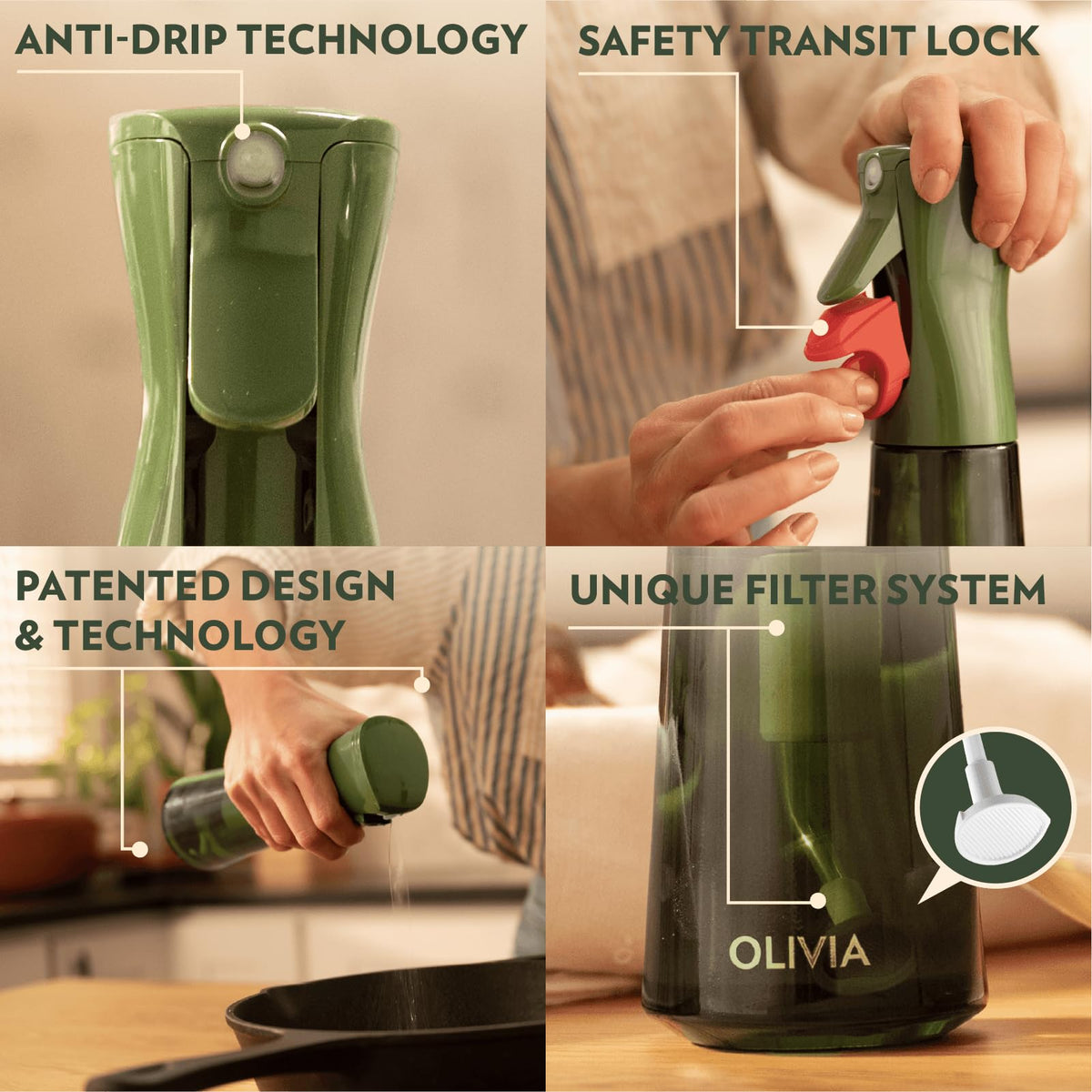 FLAIROSOL OLIVIA SIGNATURE Oil Sprayer for Cooking, 200ml Glass, Green/Gold
