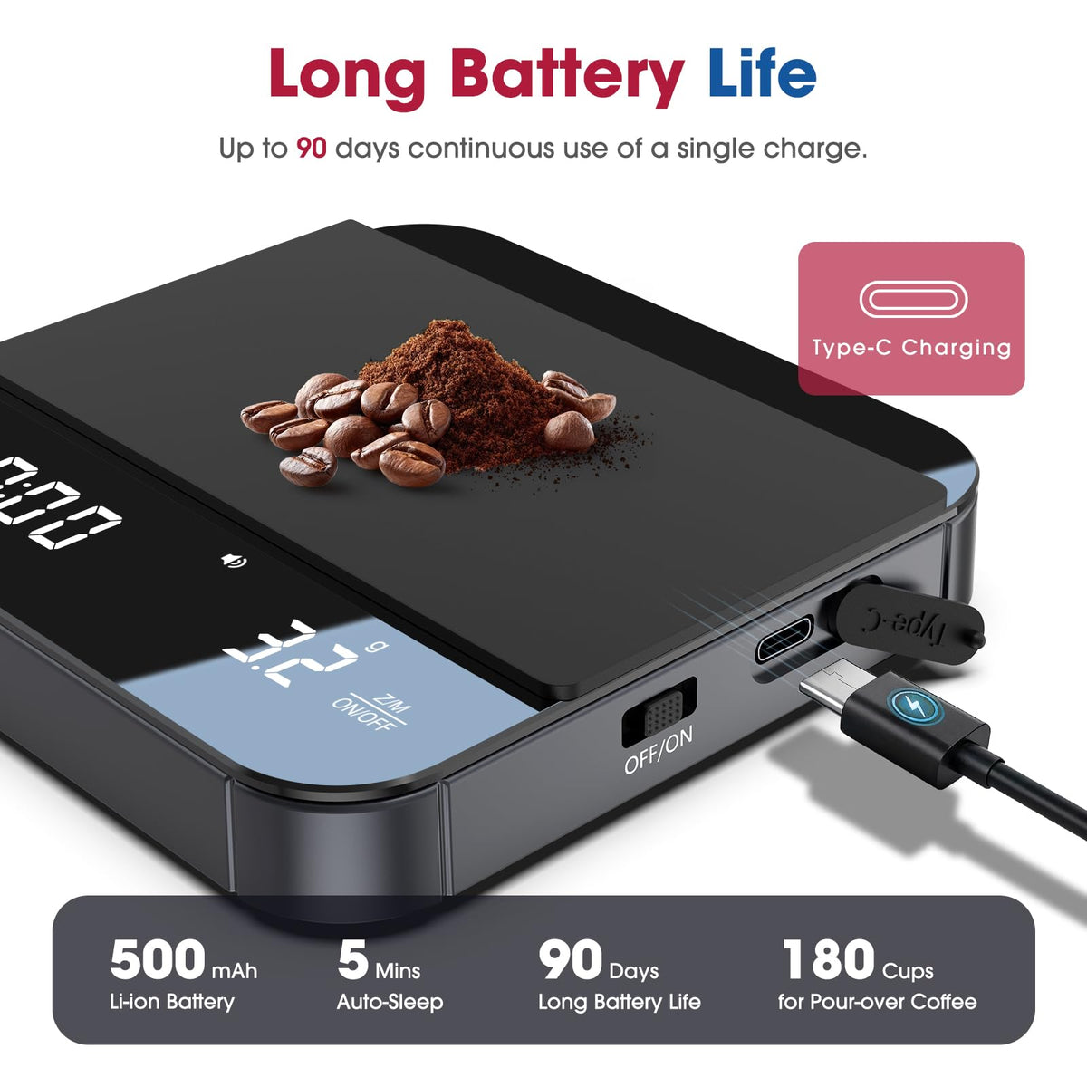 Mik-Nana Mini Coffee Scale with Timer, 2kg/0.1g Rechargeable Espresso Scale