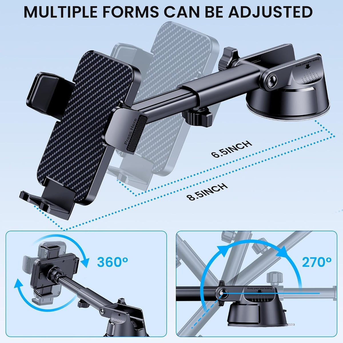 GUWEZ Phone Holders for Your Car [Military Grade Suction Ultra Strong Base] Cell Phone Car Holder 3 in 1 Dashboard Accents/Windshield/Air Vent Hands-Free for Video Installation Kit iPhone Android