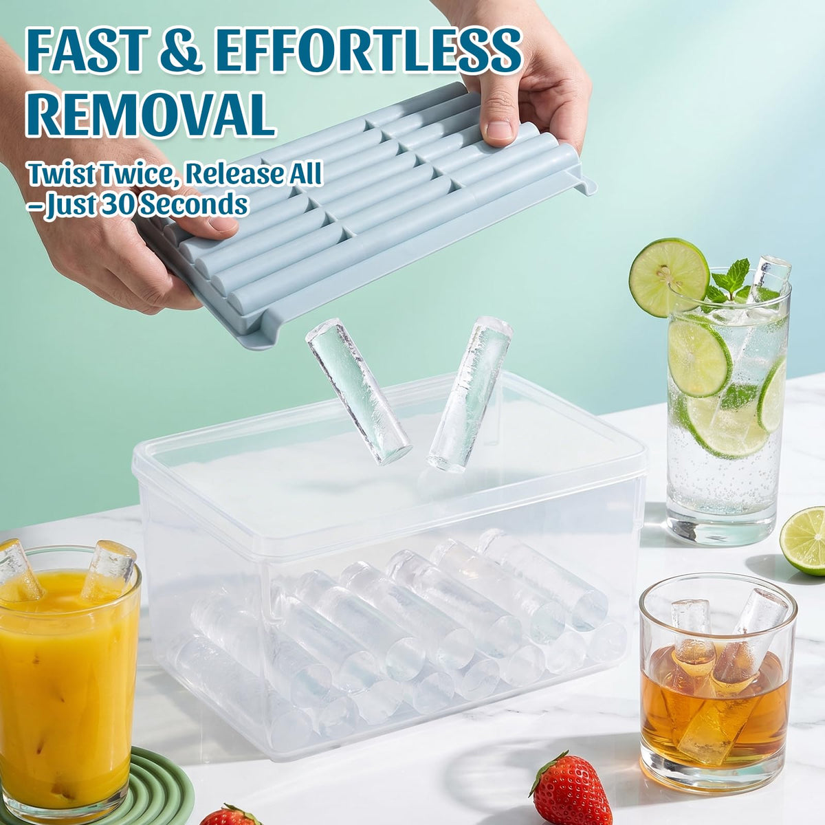 KIBTOPS 6 Pack Ice Cube Trays with Lid & Bin, 3.3-Inch Long Water Bottle Ice Stick Tray, Easy Release, Reusable, BPA Free Ice Cube Mold for Whiskey, Wine, Coffee, DIY Fun (126 sticks)