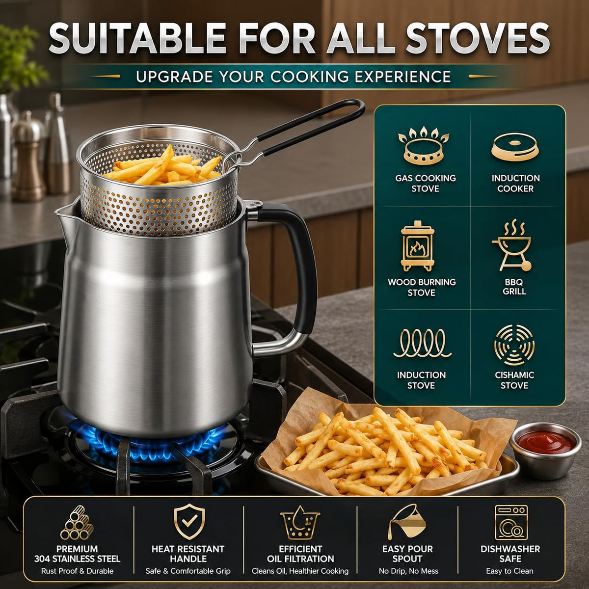 68oz 3-in-1 304 Stainless Steel Oil Filter Pot with Fine Mesh Oil Strainer & Tong, Heat-Resistant Handle, 2LCapacity Bacon Grease Container for Kitchen & Camping,Multi-Functional Frying Oil Container.