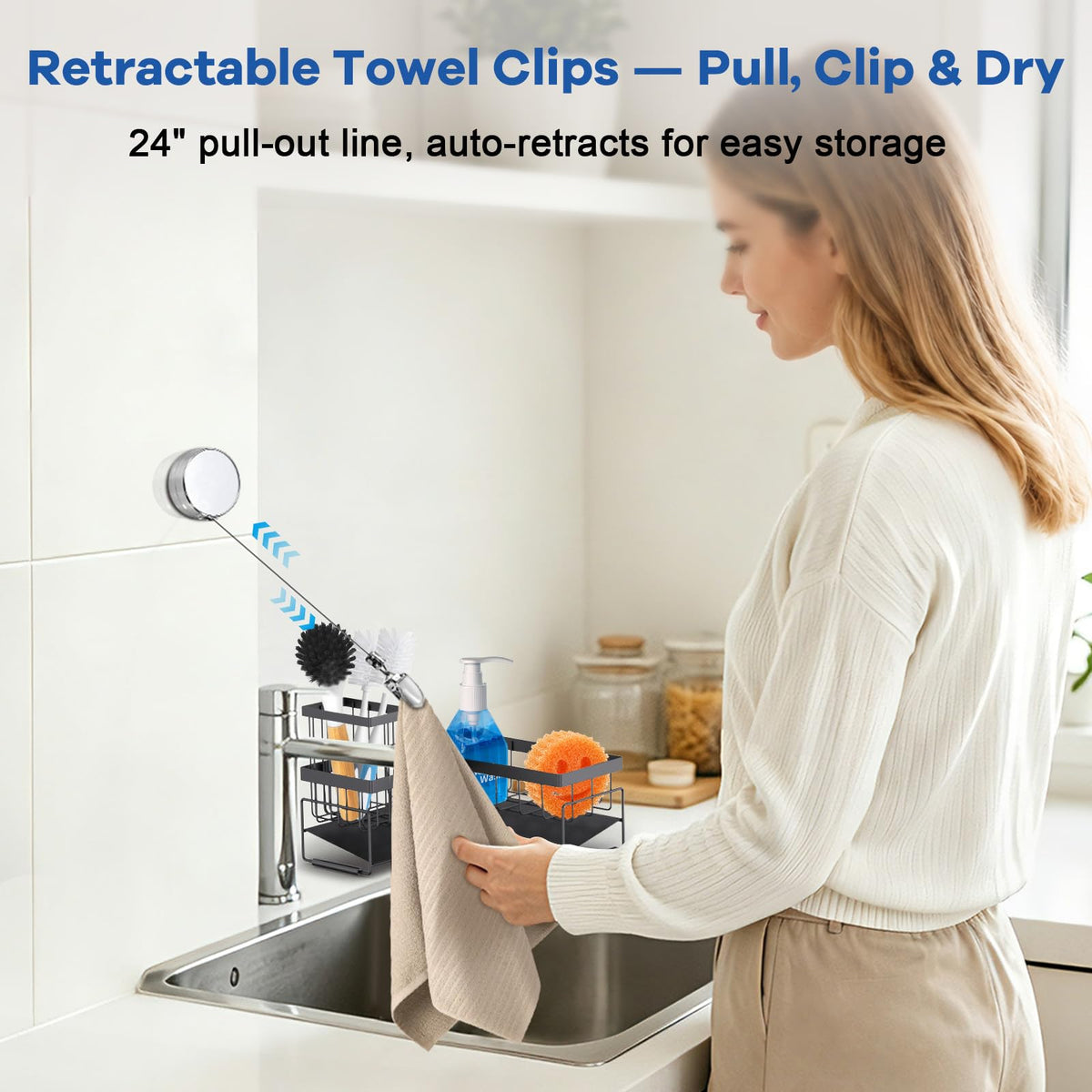 RealPlus Large Sponge Holder for Sink Caddy, 90° Kitchen Sink Organizer