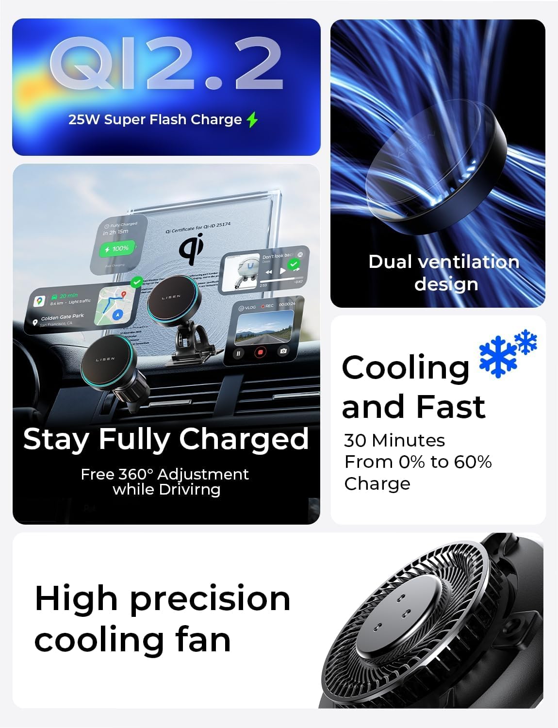 LISEN Qi2.2 25W MagSafe Car Mount Charger with Cooling Fan, Fast Charge for iPhone 18 Pro Max, Certified 3 in 1 Magnetic Wireless Car Chager for iPhone 17 16 15 Pro Max, Car Charger and Cable Included
