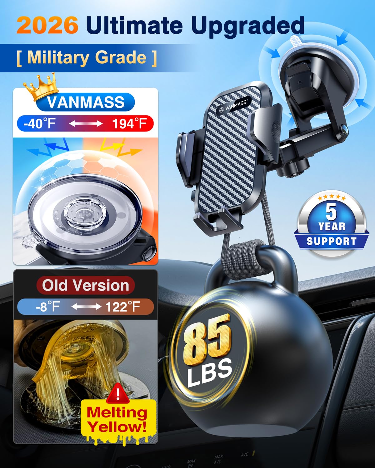 VANMASS Car Phone Holder 2026 Ultimate Military-Grade Strongest Suction & Clip Windshield Dashboard【Newest Best Strongest】 Cell Phone Automotive Dash Gauge Accents for iPhone 18 Pro Max 17 16 15 14