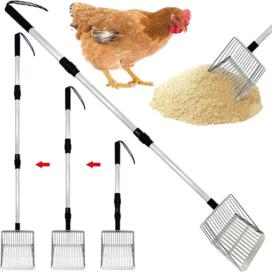 PINVNBY Stainless Steel Chicken Poop Scooper 3 in 1 Adjustable Long Handle Poop Scooper for Chicken(21.8" to 38.6") Multifunctional Chicken Coop Cleaning Tools Sifting Shovel Chicken Coop Accessories