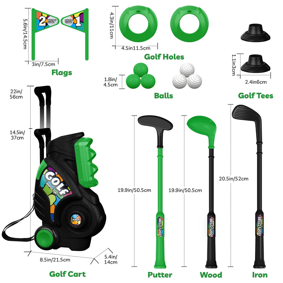 Liberry Toddler Golf Clubs Set Toy for Kids 1 2 3 4 Years Old, Green