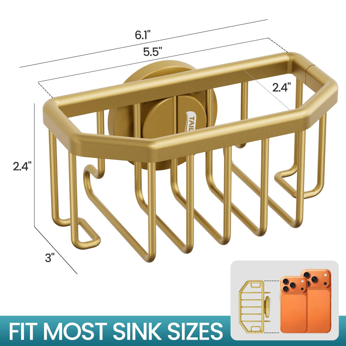 TAILI Sponge Holder for Kitchen Sink with Suction Cup-Gold, Aluminum