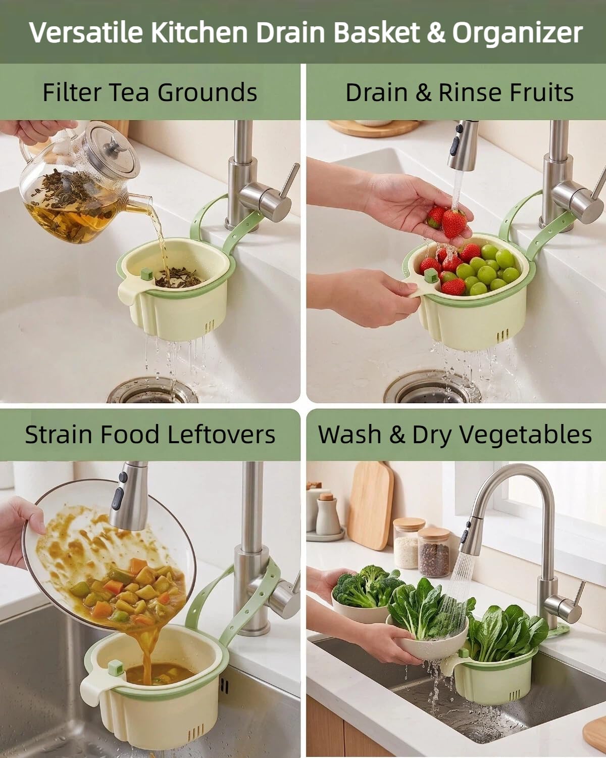 Kitchen Sink Strainer Basket, Hanging Food Scrap Catcher (Green 1 PCS)