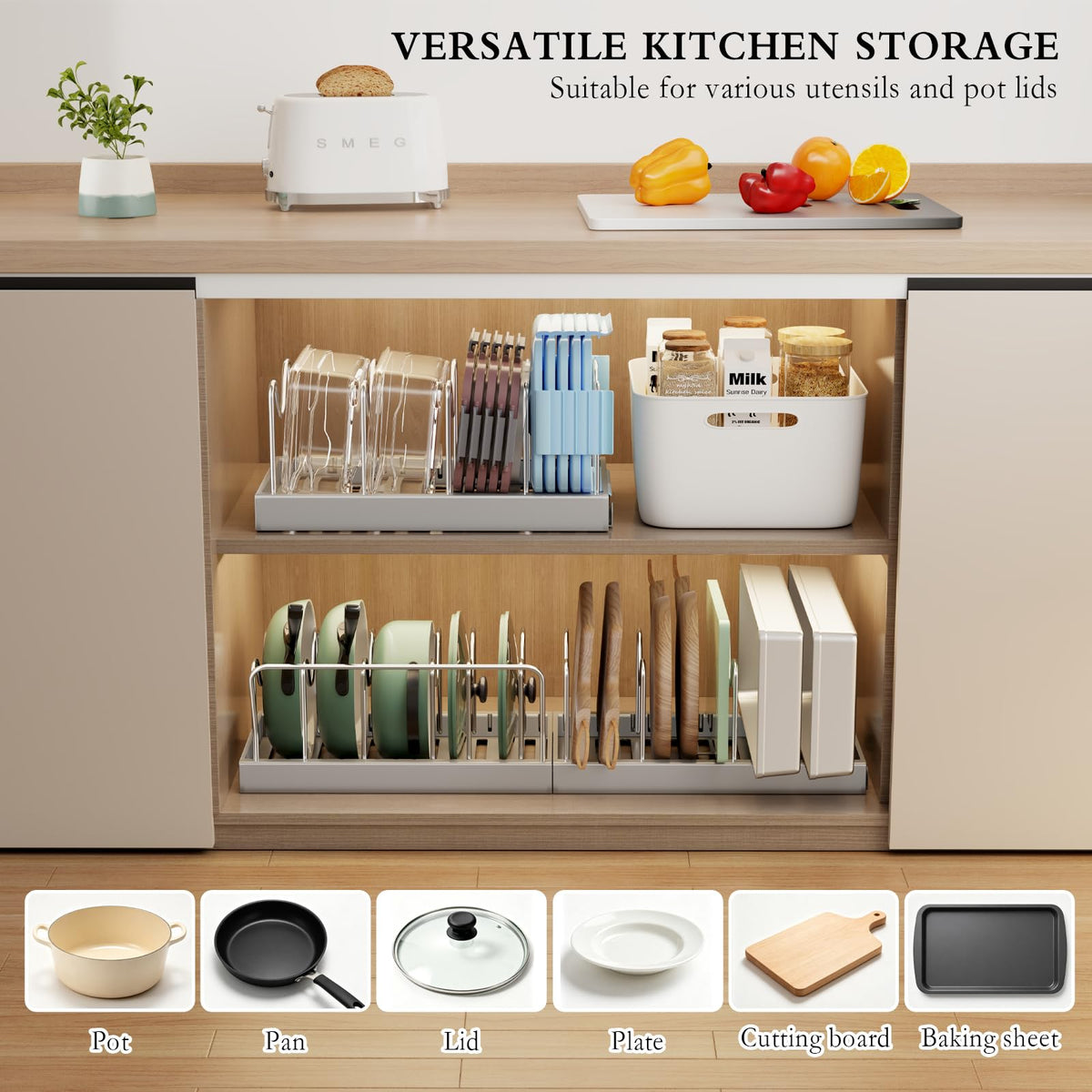 CICUFY 2 Pack Pots and Pans Organizer Under Cabinet, 23" Pot Lid Holder Rack Inside Cabinet with 10 Adjustable Dividers, Pan Lid Organizer with Guardrail For Kitchen Countertop, Gray
