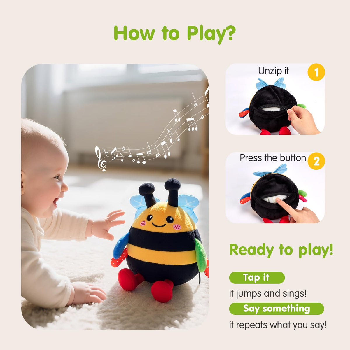hahaland Musical Tummy Time Bouncing Plush Bee Crawling Toy for 6 Month