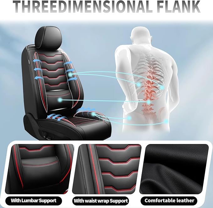 Fit Frontier Car Seat Covers Compatible with Nissan Frontier 2010-2025 2026 -Full Set Premium Leather， Waterproof Breathable， All-Weather Seat Cushion Protecto&Airbag Compatible（Red Line Black