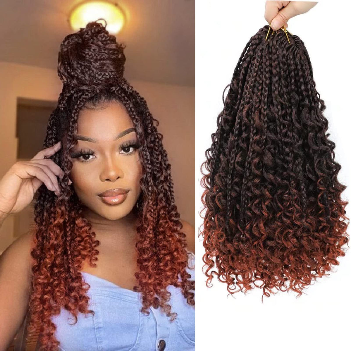8 Packs Boho Box Braids Crochet Hair With Curly Ends 14 Inch Copper Red Box Braid Crochet Hair With Curly Ends Goddess Box Braid