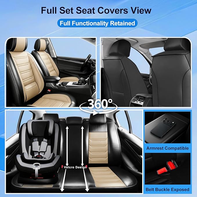 Car Seat Covers for Select Honda Fit 2007-2020, Premium Full Coverage Leather, Airbag Compatible& Scratch-Resistant, Waterproof & All Weather Breathable Seat Protector, Front Pair Black+Beige