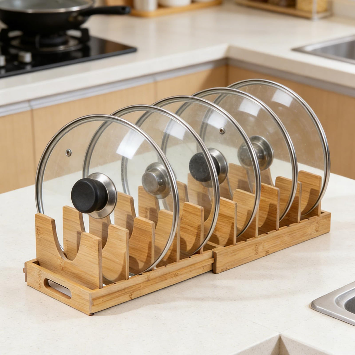 KZIADUIV Lid Organizers Inside Cabinet 2-in-1 Expandable Pot Baking Sheet Organizer Adjustable Pot Lids Holder Rack Cutting Board Rack Plate Organizer for Cabinet