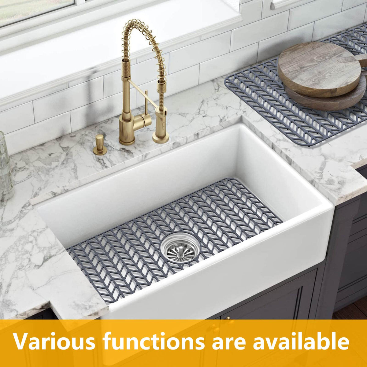 JOOKKI Sink Protectors for Kitchen Sink 12"13"16"18"19"24"26"28"29"30",Silicone kitchen sink mats protector for bottom of farmhouse sink(26"x14"Center Drain Gray)