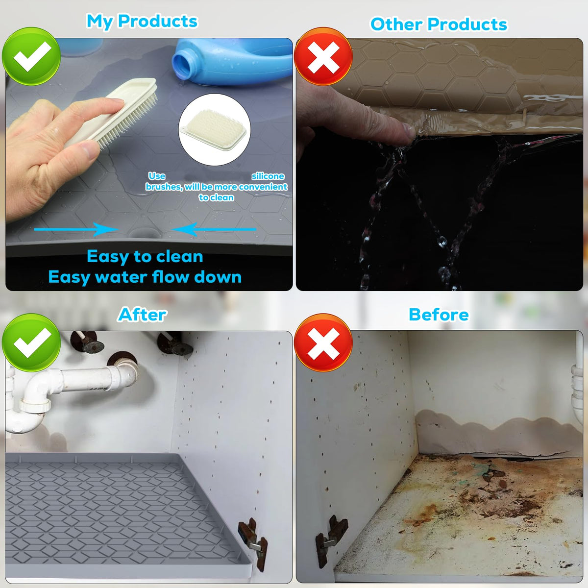 Under Sink Mats 34"x22" for Kitchen, Silicone Waterproof Liner, Sink Silicone Tray with Drain Hole, Storage and Organizers, Cabinet and Counter Protector,Litter Mat, Pet Cat Puppy Essentials
