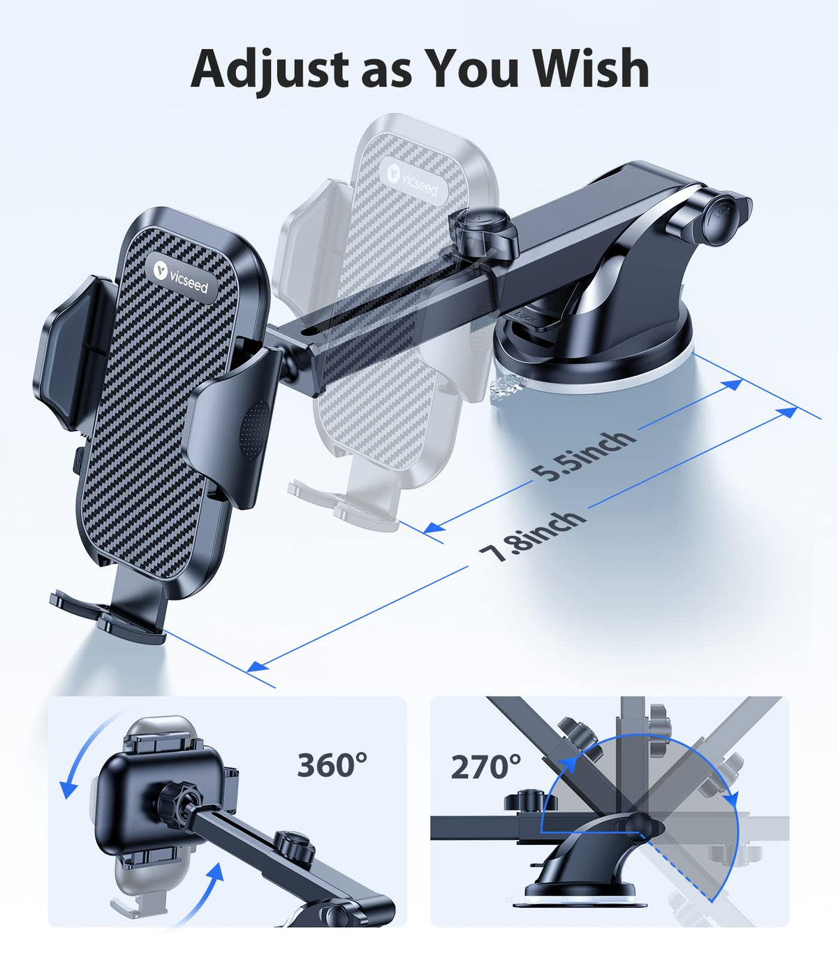 VICSEED 2026 Ultimate Sturdy Car Phone Holder [Upgraded 95+LBS Strongest Suction] Universal Long Arm Cellphone Mount for Car Dashboard Windshield Vent Truck Boat for iPhone 18 17 16 Pro Max & Android