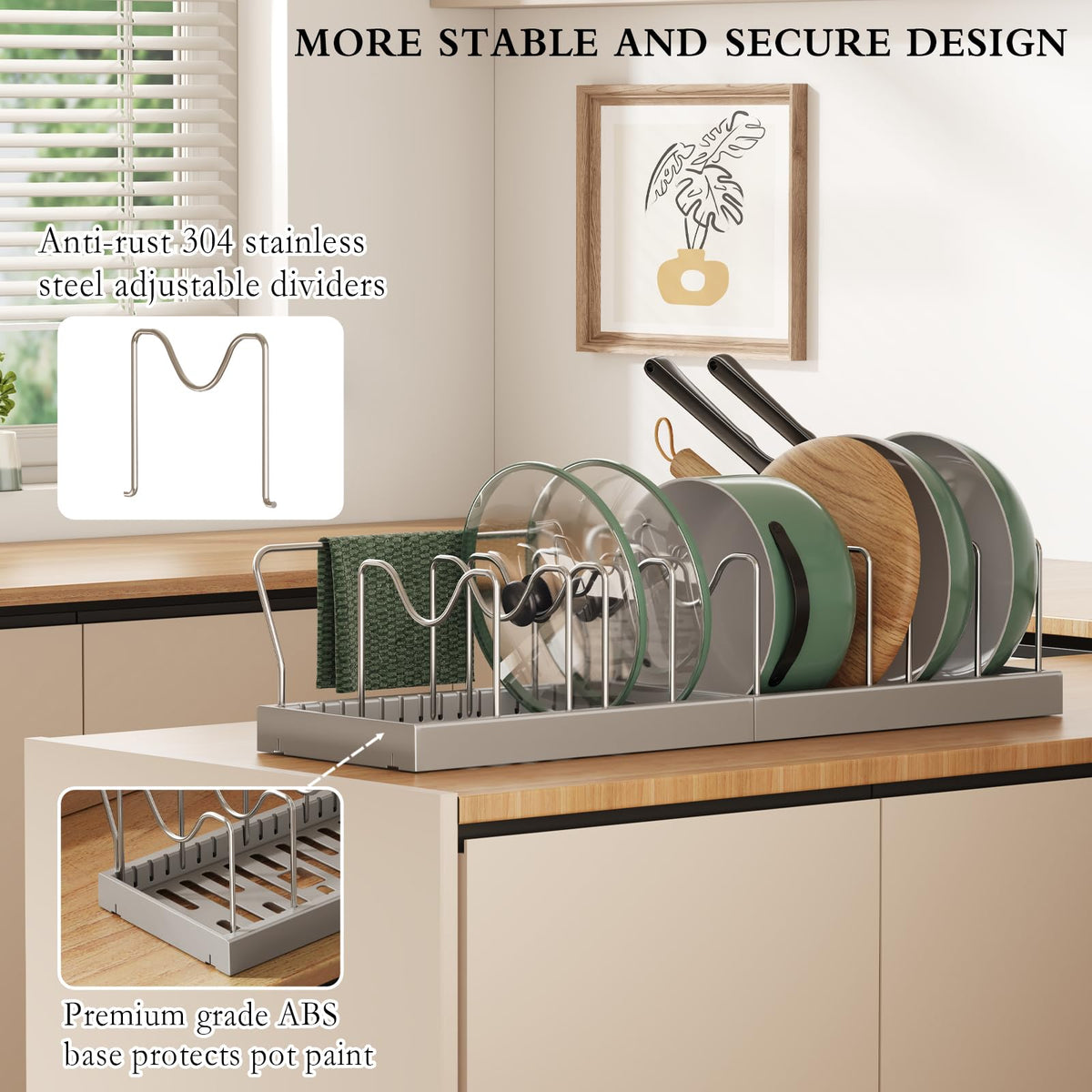 CICUFY 2 Pack Pots and Pans Organizer Under Cabinet, 23" Pot Lid Holder Rack Inside Cabinet with 10 Adjustable Dividers, Pan Lid Organizer with Guardrail For Kitchen Countertop, Gray
