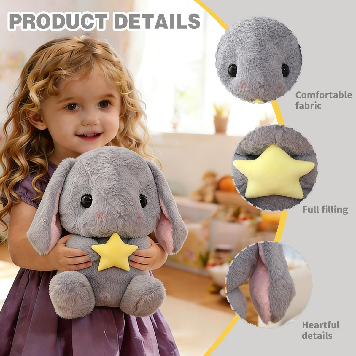 HOUPU Lop Bunny Plush 8.6in Gray Star Stuffed Bunny Kids Easter Toy
