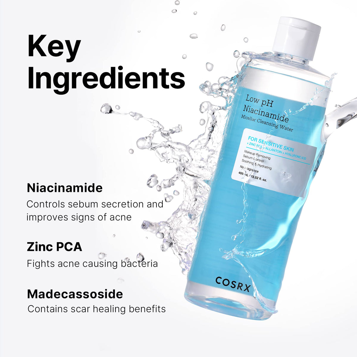 COSRX Low pH Niacinamide Cleansing Water for Sensitive Skin, 13.52 fl.oz