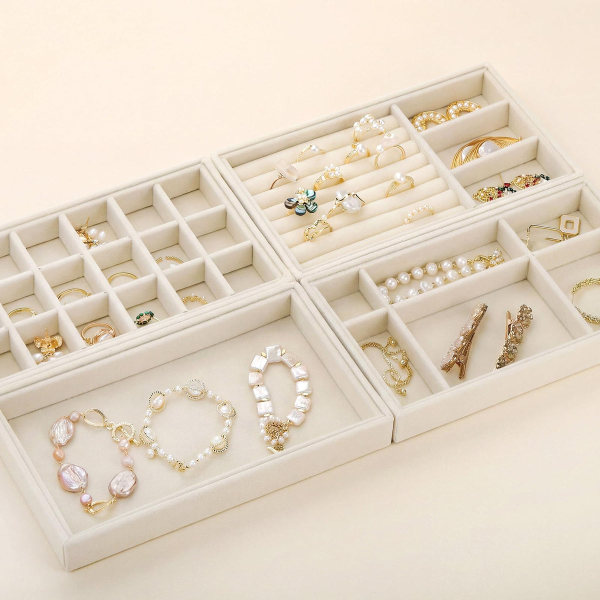 Elsjoy 8 Pack Velvet Jewelry Trays, Stackable Jewelry Organizer Trays for Drawers, Beige Jewelry Storage and Display Tray Inserts for Necklaces, Rings, Earrings