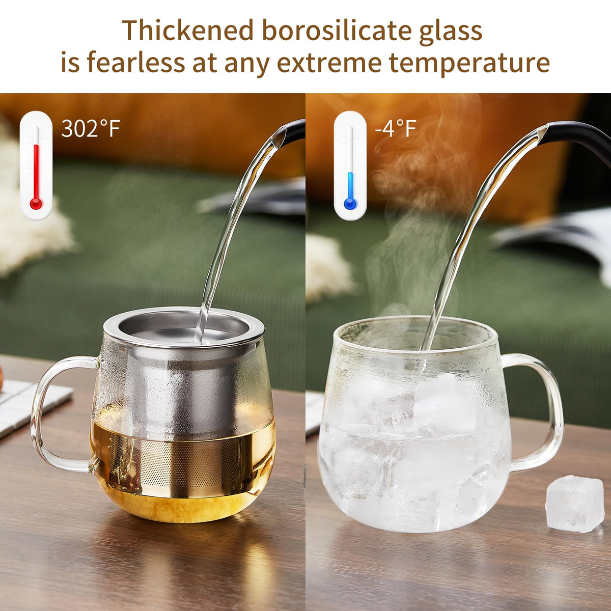 DOPUDO Glass Tea Cup with Infuser and Lid, 14.5oz/450ml Large Borosilicate Glass Teacup with Stailess Steel Filter, Clear Mug for Loose Leaf Blooming Tea, Dishwasher Safe - Tea Maker Gift.