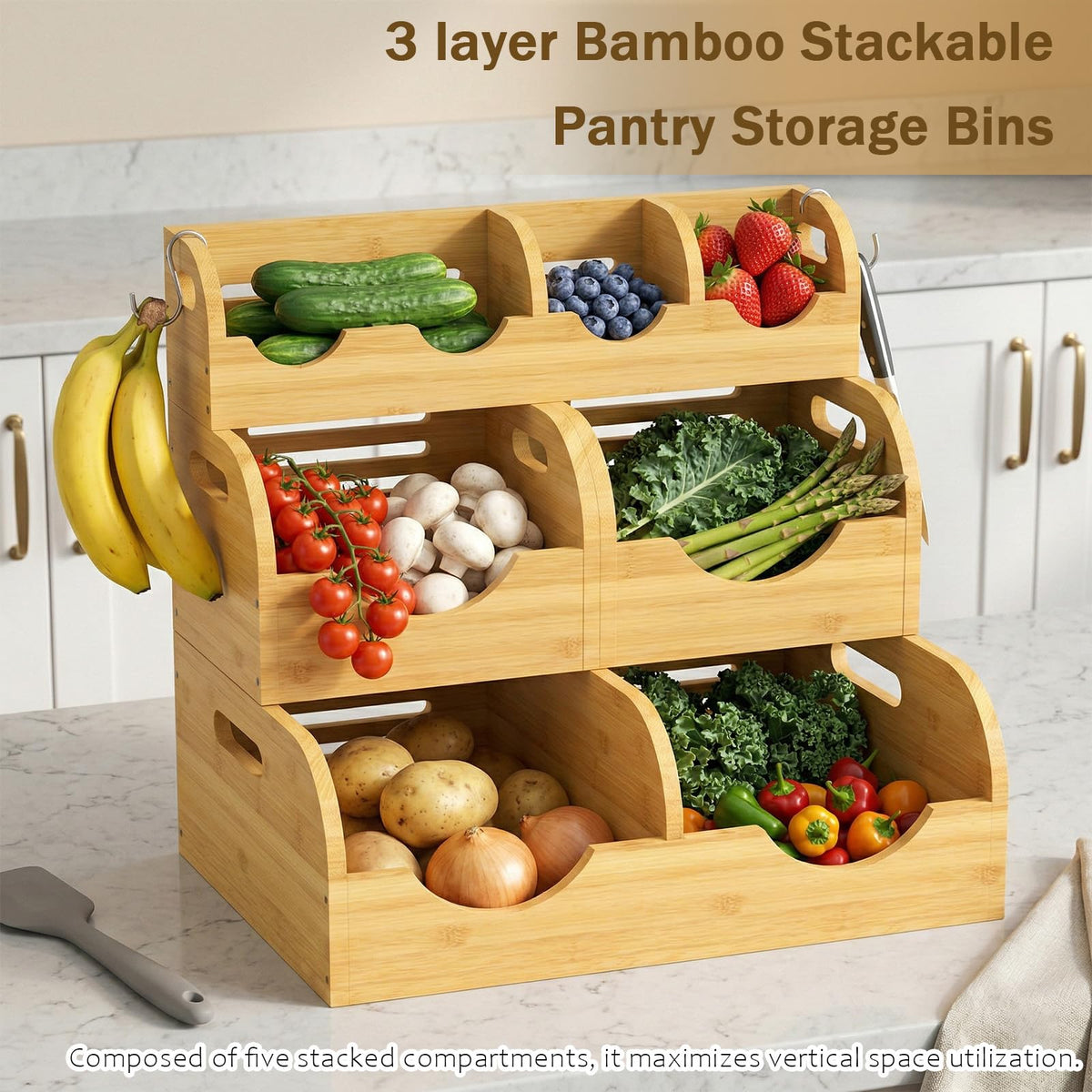 WHEEXIAG Potato and Onion Storage Bin, Made of bamboo, With 2 banana hooks