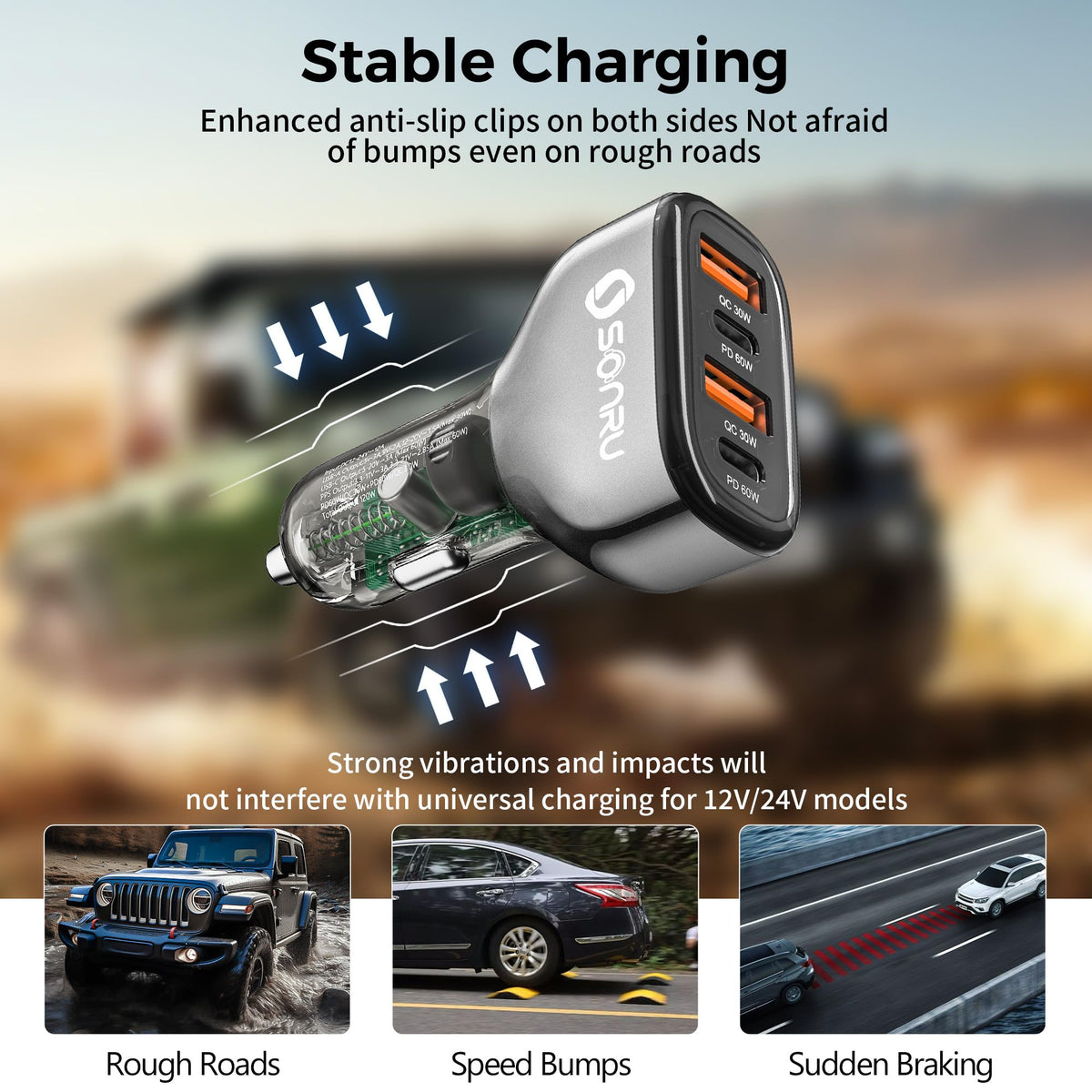 SONRU 4-Port USB C Car Charger, 120W 2*【PD60W+QC30W】 Cigarette Lighter USB Car Charger Adapter, Fast Car Phone Charger for iPhone 17/17 Pro Max/16/15/14 Series, Galaxy S24/23,iPad, Galaxy, Tablet