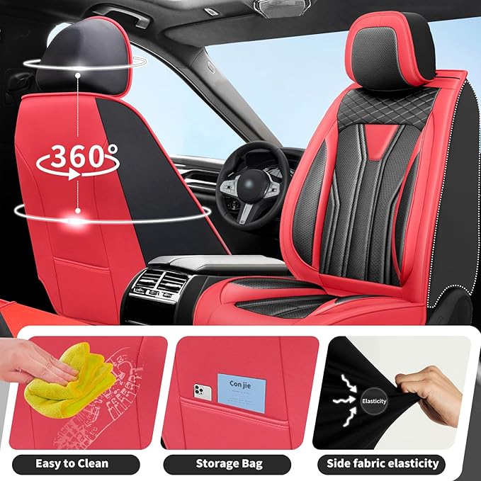 Fit Leaf Car Seat Covers Compatible with Nissan Leaf 2012-2025 2026 - Full Set Premium Leather， Waterproof Breathable， All-Weather Seat Cushion Protecto&Airbag Compatible （Red & Black