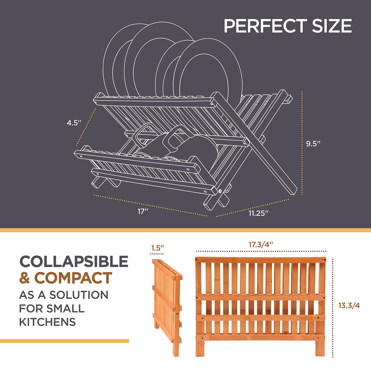 Bambüsi 2-Tier Dish Drying Rack, Bamboo Dish Drainer for Kitchen Counter