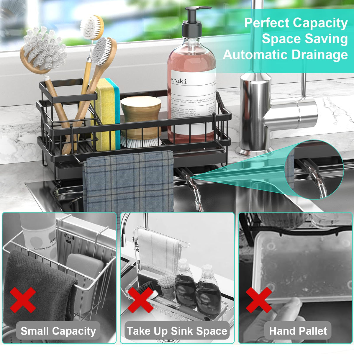 Cewomuc Sponge Holder for Kitchen Sink - Countertop Rustproof Stainless Steel, Sink Caddy, Kitchen Gadgets Accessories (Black)