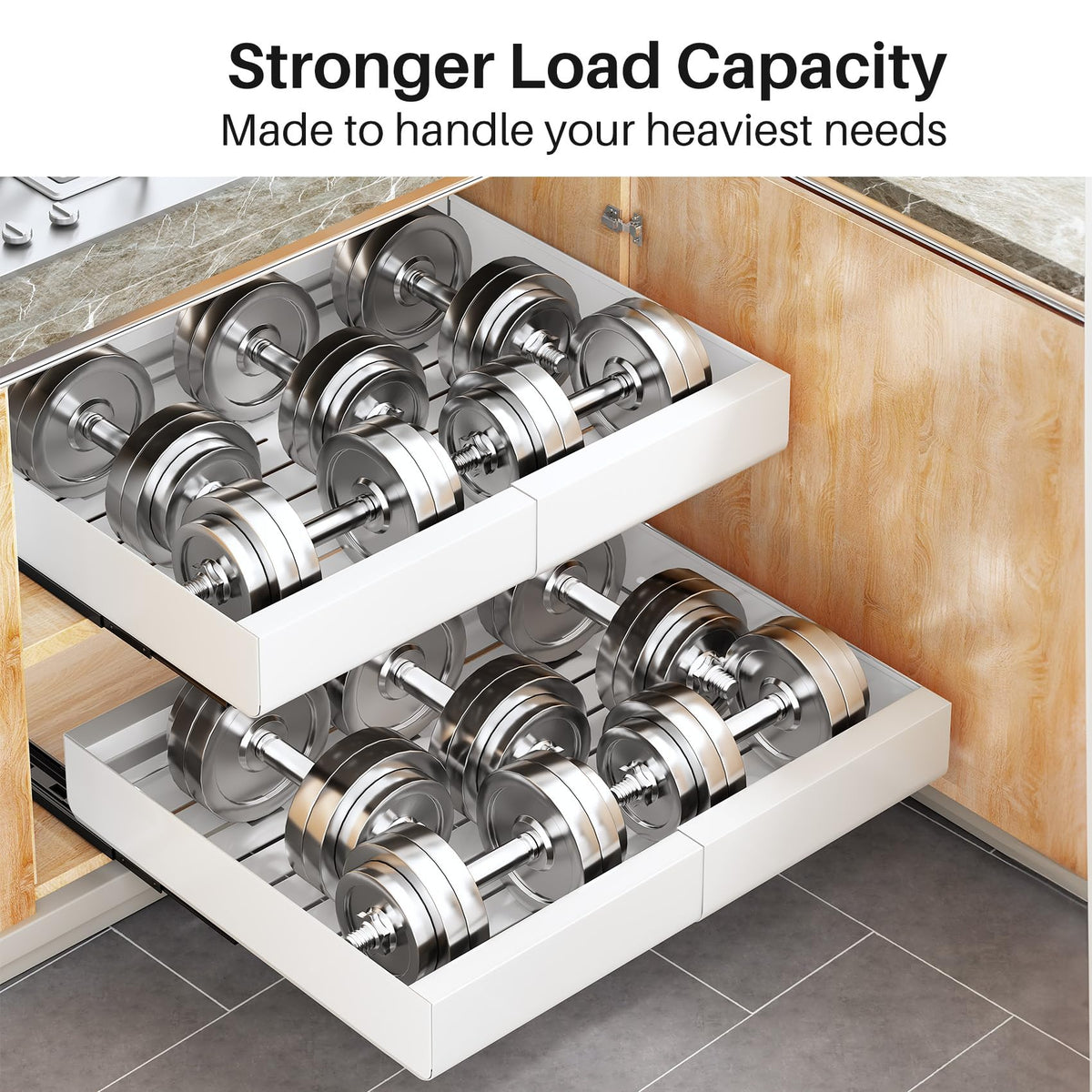 Kitstorack Pull out Cabinet Organizer, Expandable(12"-20") Heavy Duty Slide out Drawers Fixed with Adhesive Nano Film for Pots, Roll out Shelf Storage for Kitchen Base Cabinet Organization(White)