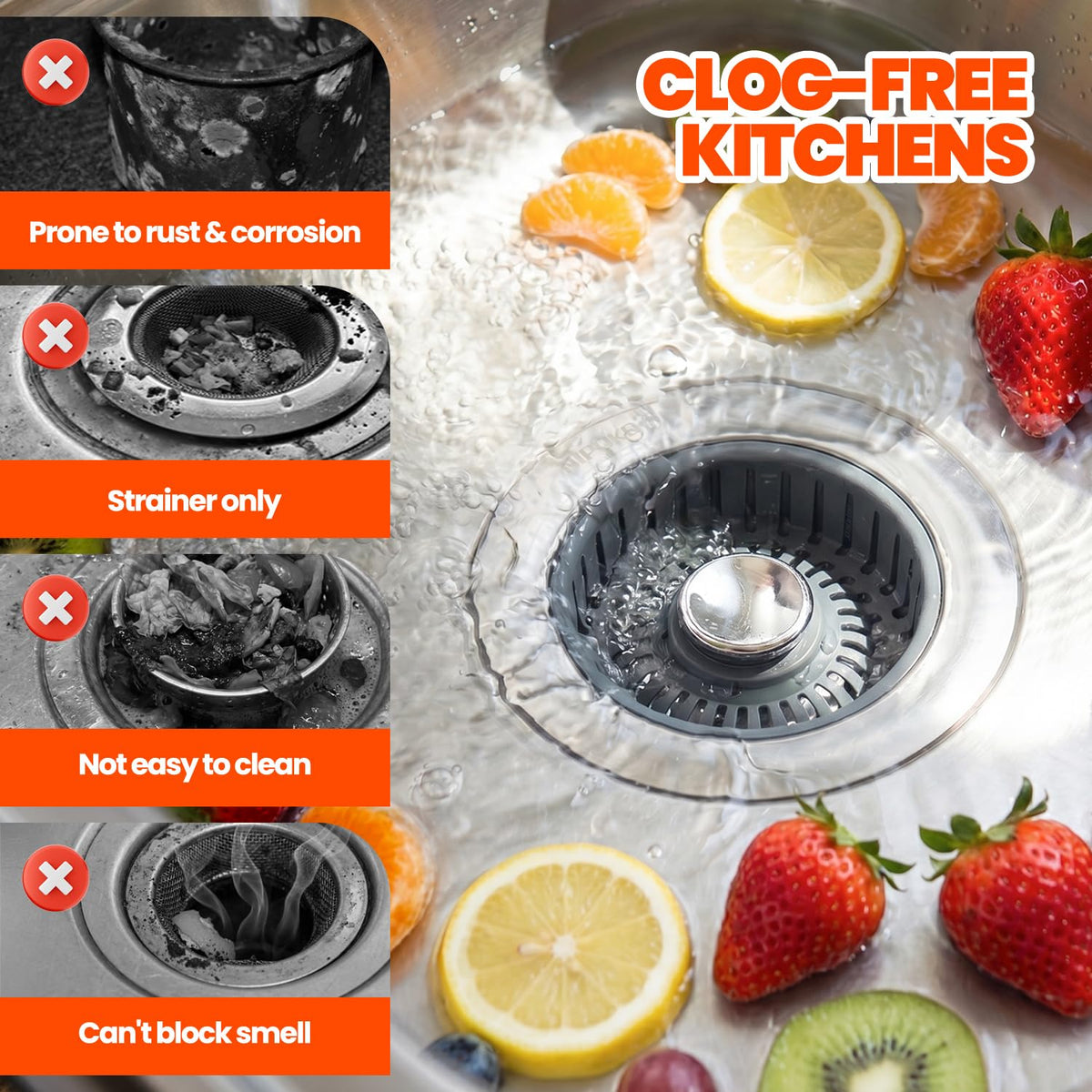 Nipoko 3 in 1 Kitchen Sink Drain Strainer Stopper Basket Pop Up Silver