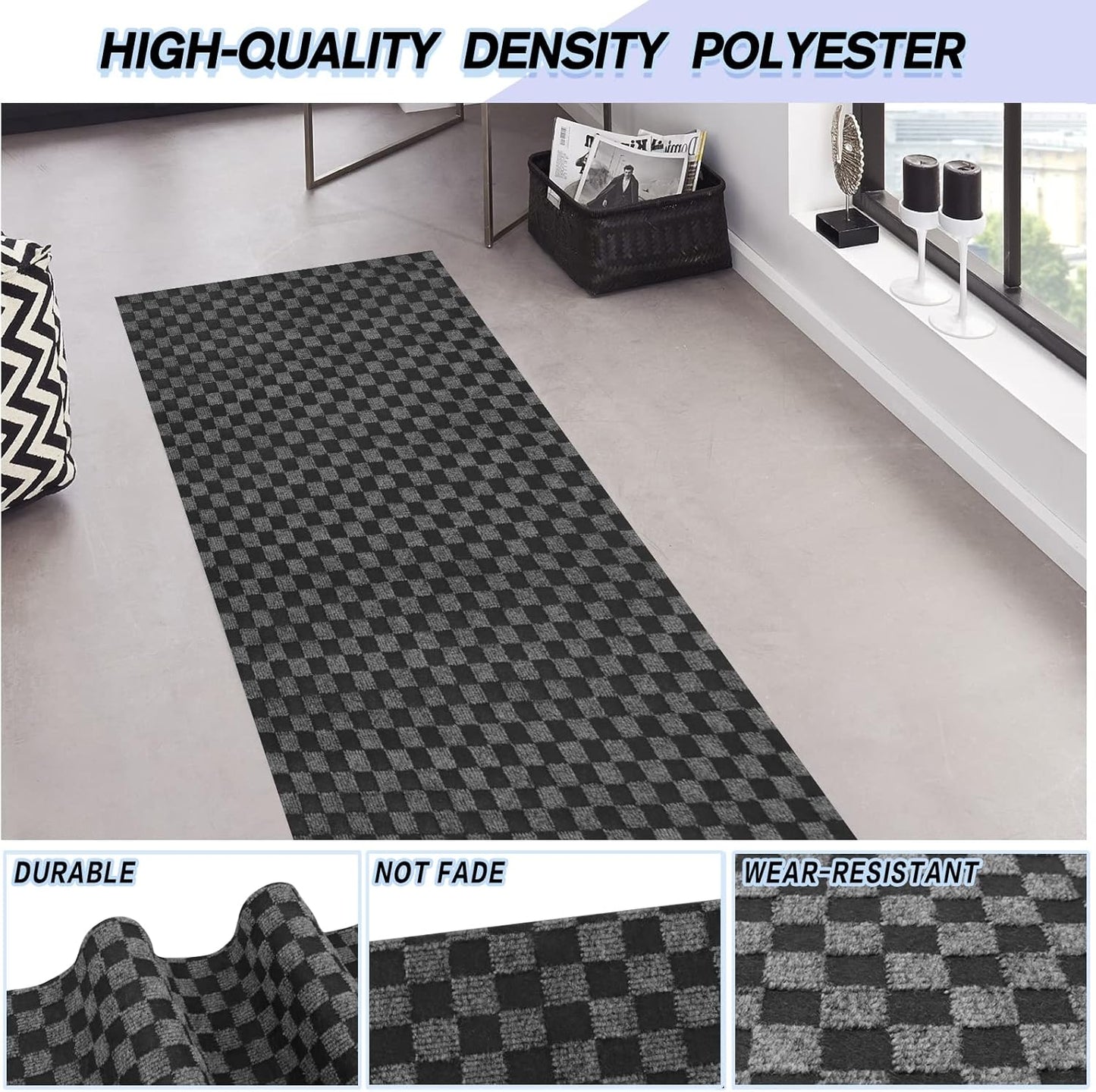 Custom Size Backed Non-Slip Area Rugs Runner, Easy Clean, Waterproof Runner Rugs for Hallway Entryway, Kitchen, Laundry, 3FT x 51FT, Gray Checkered